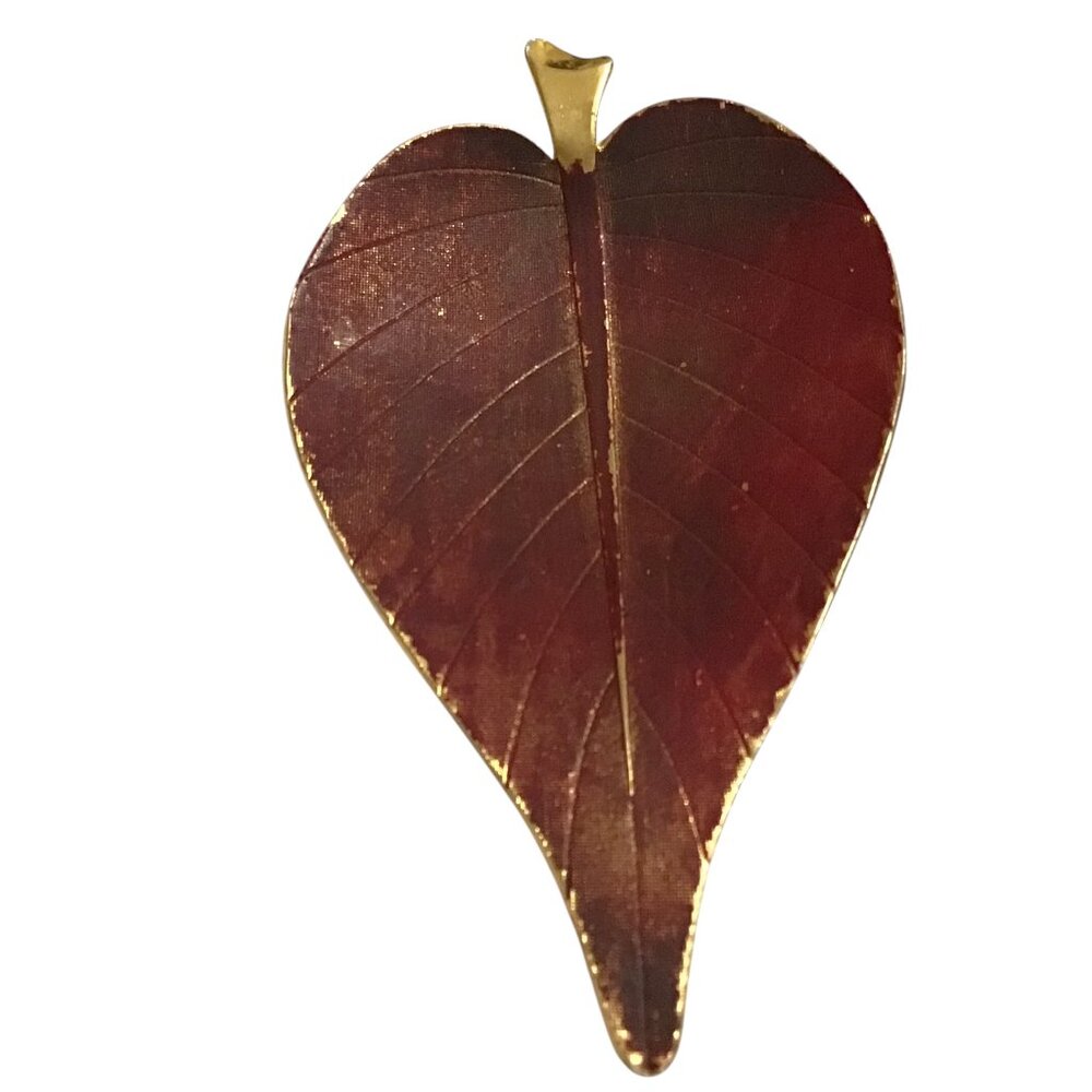 Vintage Red Enamel Leaf Brooch Pin 2.75" Gold-tone Fall Thanksgiving Jewelry